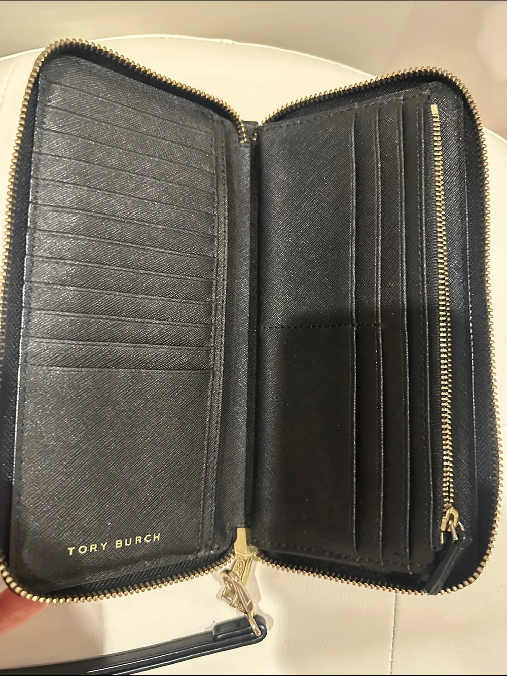 Tory Burch Black Saffiano Zip Wristlet with Gold Logo